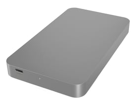 Gråt ICY BOX-kabinet til 2,5-tommers SATA-drev med USB 3.1 Type-C Gen 2-port, set skråt forfra.