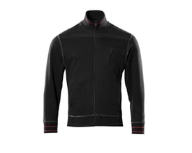 Mascot Cardigan Chania model 50353-834 i sort, viser ribstrikket krave, manchetter med røde striber og lynlåslukning.