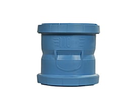 Blåt dBLUE-afløbsrør på Ø160 mm med dobbeltmuffe, vist som et kort cylindrisk stykke med brede kanter i begge ender.