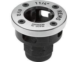 Rems EVA gevindskærehoved med 1 1/4" bakker, viser det præcise gevind og REMS logo på metalringen.