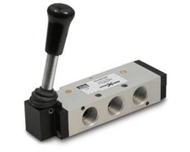 Parker Viking Xtreme 3/8" 5/3 ventil med håndbetjent styring og åben midtstilling, lavet af aluminium med sort håndtag.