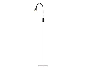 Den sorte Nielsen Light Twist gulvlampe med en højde på 150 cm, vist med sin runde fod på hvid baggrund.