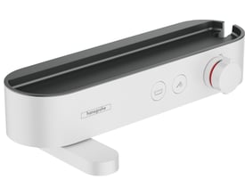 Hansgrohe ShowerTablet Select 400 termostat i mat hvid med en integreret hylde og tydeligt markerede betjeningsknapper på hvid baggrund.