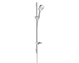 Komplet Hansgrohe Raindance Select E120 brusersæt i krom med 90 cm bruserstang, firkantet håndbruser og sæbeskål på hvid baggrund.
