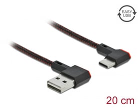 Delock Easy-USB 2.0 kabel, sort, 0,2m, med vinklet USB-A og USB-C stik på et flettet kabel.