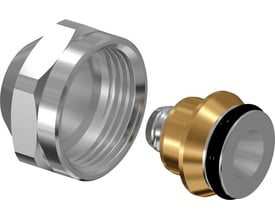 Detaljeret billede af Uponor Uni-X koblingssæt MLC med 16mm messing og 3/4" gevind, fremstillet i poleret messing.