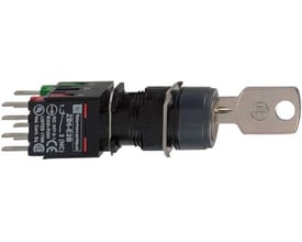 Schneider Electric nøgleafbryder Ø16 mm, model XB6AGC5B, med to nøglepositioner og indbyggede kontakter, set fra siden med loddeben.