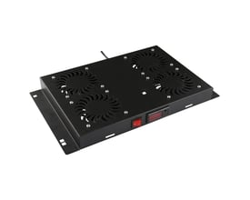 Sort Lanview-ventilatormodul med fire ventilatorer og digital termostatstyring, set skråt forfra med display og afbryder.