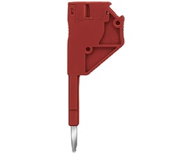 Siemens rød teststik til 2,5 mm² ledninger med snap-on tilslutning og fjederbelastede klemmer.