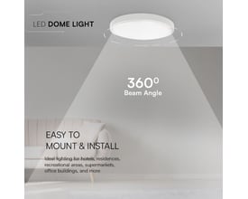 V-TACs hvide, runde LED-loftslampe med Samsung-chip vises i en grafik med lysfordeling i 360 grader.