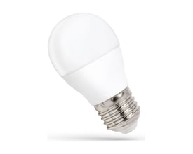 SpectrumLED E27 G45 LED-pære på 8 W med hvid, rund kuppel og synlig metalskruefatning.