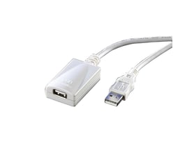 Et hvidt USB 2.0 aktivt forlængerkabel med en repeater-boks og en USB A-stik.