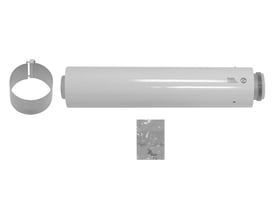 Vaillant ecoTEC forlængerrør 0,5m og 60/100mm i hvid PP, vist med monteringsbeslag og skruer på hvid baggrund.