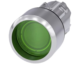 Siemens rund, oplyst trykknap med skinnende metal frontring i grøn farve til 22mm monteringshul.