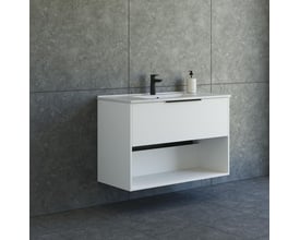 Dansani Mido+ Classic 101 cm møbelpakke installeret på en grå væg, med en sort vandhane og hvid sæbedispenser.
