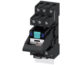 Siemens komplet stikbensrelæ PT3 med 3CO, 24VDC og LED indikator, set fra siden.
