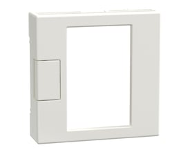 Lauritz Knudsen Merten System M centralplade i polarhvid til termostatindsats med touchdisplay, med åbning til montering.