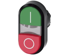 Siemens SIRIUS ACT dobbelt trykknap med grøn I-knap, rød 0-knap og sort hus, set skråt forfra.