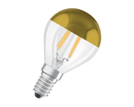 LEDvance LED-kronepære på 4 W med E14-fatning, gyldent topforspejl og synlige filamenter.