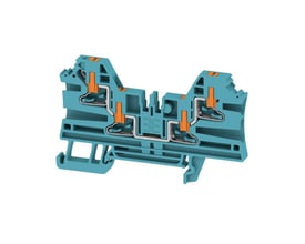 Sidevisning af Weidmüller gennemgangsklemme AL4C 2.5 BL i blå, med fokus på den kompakte bredde og monteringsfod.