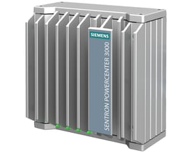 Siemens SENTRON Powercenter 3000 enhed med køleribber på siden og et gråt felt med hvid tekst: SENTRON POWERCENTER 3000.