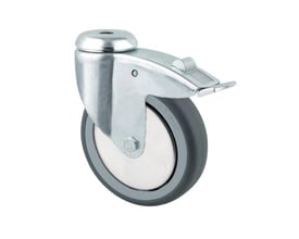 Nærbillede af Tente drejeligt hjul 75mm med bremse, viser detaljer på det grå gummihjul og stålbremsen.