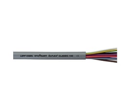 Lapp Olflex Classic 100 kabel 300/500V 5G4 med synlige lederfarver som grøn, gul, brun, blå og grå.