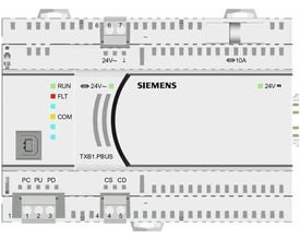 Siemens TKM2 brandtermostat med tydelige LED-indikatorer for RUN, FLT og COM samt tilslutningsterminaler til 24V strøm.