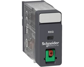 Schneider Electric Harmony RXG stikbensrelæ RXG11B7 med 1 C/O kontakt, 10A og 24 VAC forsyning samt indbygget testknap.