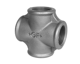 Georg Fischer sort krydsfitting i blødstøbt jern med 3/8" gevind, mærket med +GF+.