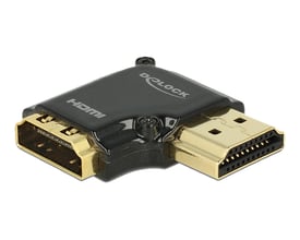 Delock HDMI-adapter med sort hus og forgyldte HDMI-A hun- og hanstik, vinklet 90° mod højre.