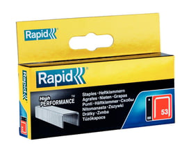 Nærbillede af æsken med Rapid 53/14 mm hæfteklammer, med tydelig markering af 'High Performance' og flere sprog for produktnavnet.