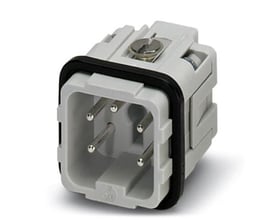 Phoenix Contact kontaktindsats HC A04 I-UT-M, D7, 5 poler, 16A, vinklet sidevisning, der viser den grå plastholder og sorte pakning.