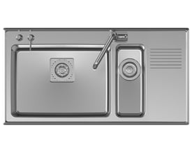 Intra Juvel Frame 97SX køkkenvask i rustfrit stål, der viser den store kumme, den mindre kumme og afløbsbakken med riller.