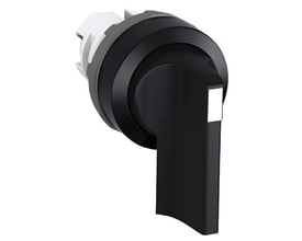 ABB drejeomskifter til PDA trykknap-serie i sort plast med tre positioner og en forkromet ramme.