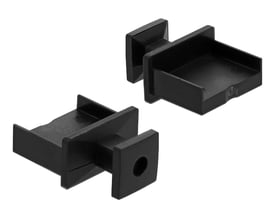 Sort Delock-støvhætte til USB Type-A-hunport med fremspringende greb, vist fra to vinkler.