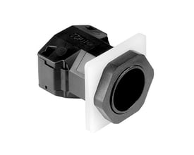Grohe Rapid SL tilslutningsstykke i sort plast med hvid monteringsplade, set fra siden.