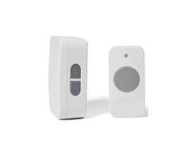 Michaela trådløs dørklokke-kit med batteridrevet lydgiver og hvid trykknap på hvid baggrund.