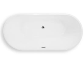 Oversigt fra oven af et fritstående hvidt akryl badekar, 1800x850x600 mm, med krom pop-up bundventil og afløb.