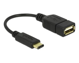 Sort Delock adapterkabel på 15 cm med USB Type-C 2.0-hanstik og USB 2.0 Type-A-hunstik, vist med begge stik.