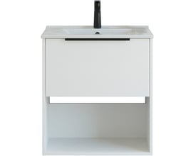 Dansani Mido+ Classic møbelpakke 61 cm i hvid mat med én skuffe og åbent rum, viser vask med sort armatur og hanehul.