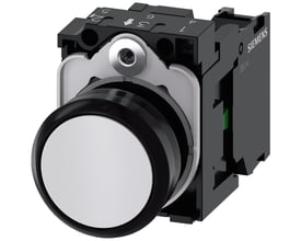 Siemens 22mm trykknap i hvid plast med rund, flad knap og skrueklemme, viser 1 sluttekontakt (NO) for styring af elektriske belastninger.