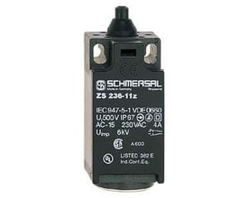 Positionsafbryder ZS 236-11Z fra Schmersal med trykknapbetjening og mærkning, fremstillet i sort kunststof.