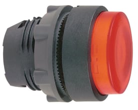 Sidebillede af et Schneider Electric ZB5AW143 lampetrykhoved i rød med tydelig ophøjet trykflade og 22mm diameter.