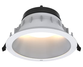 Hvid reflektor og front monteret på Ansell Lighting Comfort Downlight, set forfra med den indvendige del synlig.