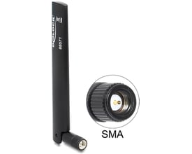 DeLOCK LTE antenne, sort og omnidirektionel, med SMA han-stik og mærkat med produktnummer 88571.