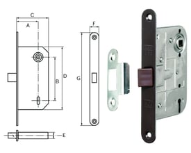 Mellemdørlås Rex 333 V i brun stål med illustrerede dimensioner og medfølgende slutblik.