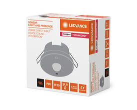 Emballagen til Ledvance Zigbee Direct Easy tilstedeværelsessensor viser en tegning af den runde sensor til indbygning.