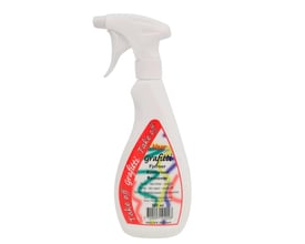 Hvid sprayflaske med Grafittifjerner Take Off på 0,5 liter, klar til brug og effektiv fjernelse af graffiti fra forskellige overflader.