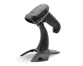 Trådløs scanner med holder, sort plast, vist med scanneren monteret på den ergonomiske stander.
